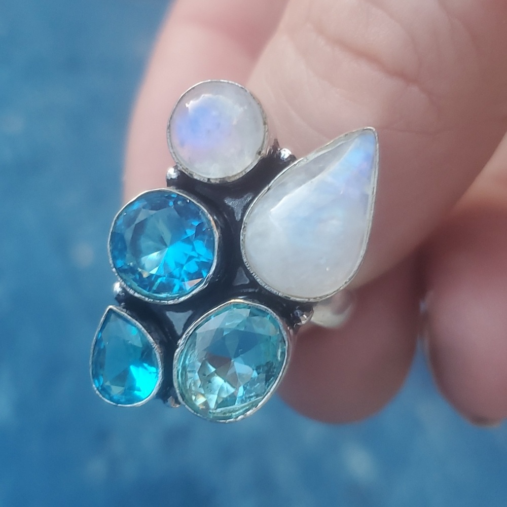 New Rainbow Moonstone & Swiss Blue Topaz 925 Silver Ring.